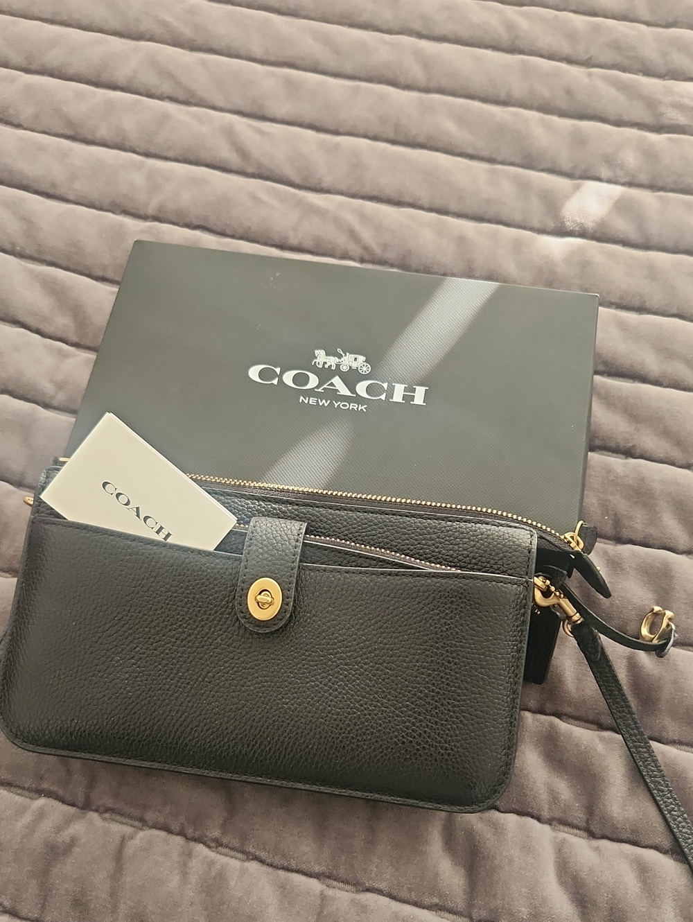 Coach Black Leather Convertible Wristlet with Gold Hardware